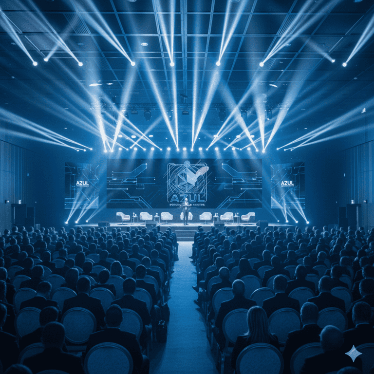 amostra palco azul produções e eventos, com cenário em led, luzes, e acomodação para participantes